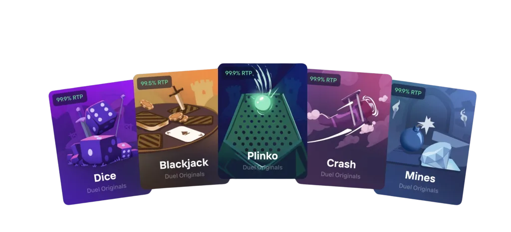 Duel Casino top provably fair games - Dice, Plinko, Crash and Mines