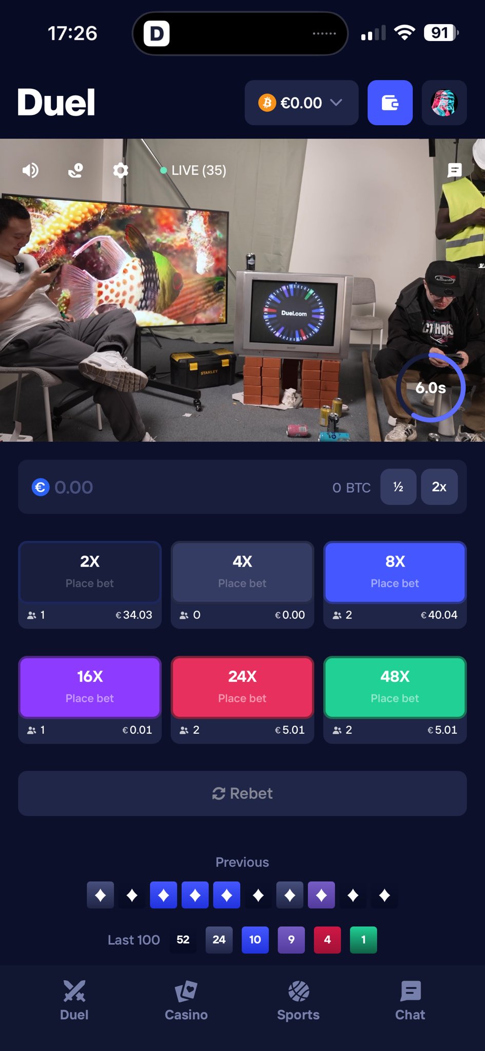 Castle Roulette Mobile UI showing multiplier buttons and timer