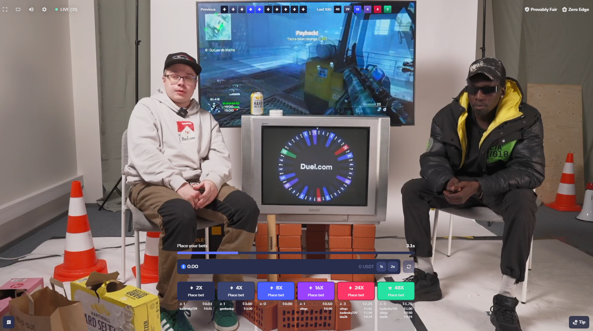 Castle Roulette gameplay interface showing the multiplier wheel and live studio feed