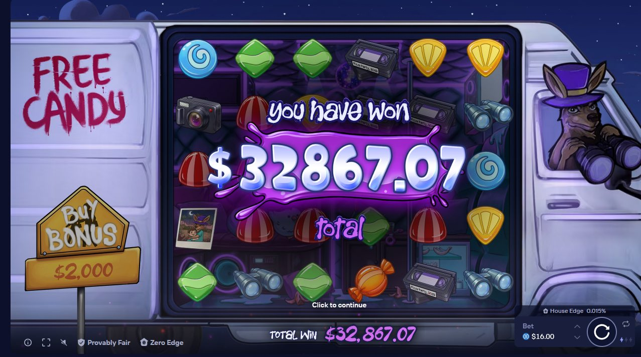 Groomer's Van big win screenshot showing $32,867 payout