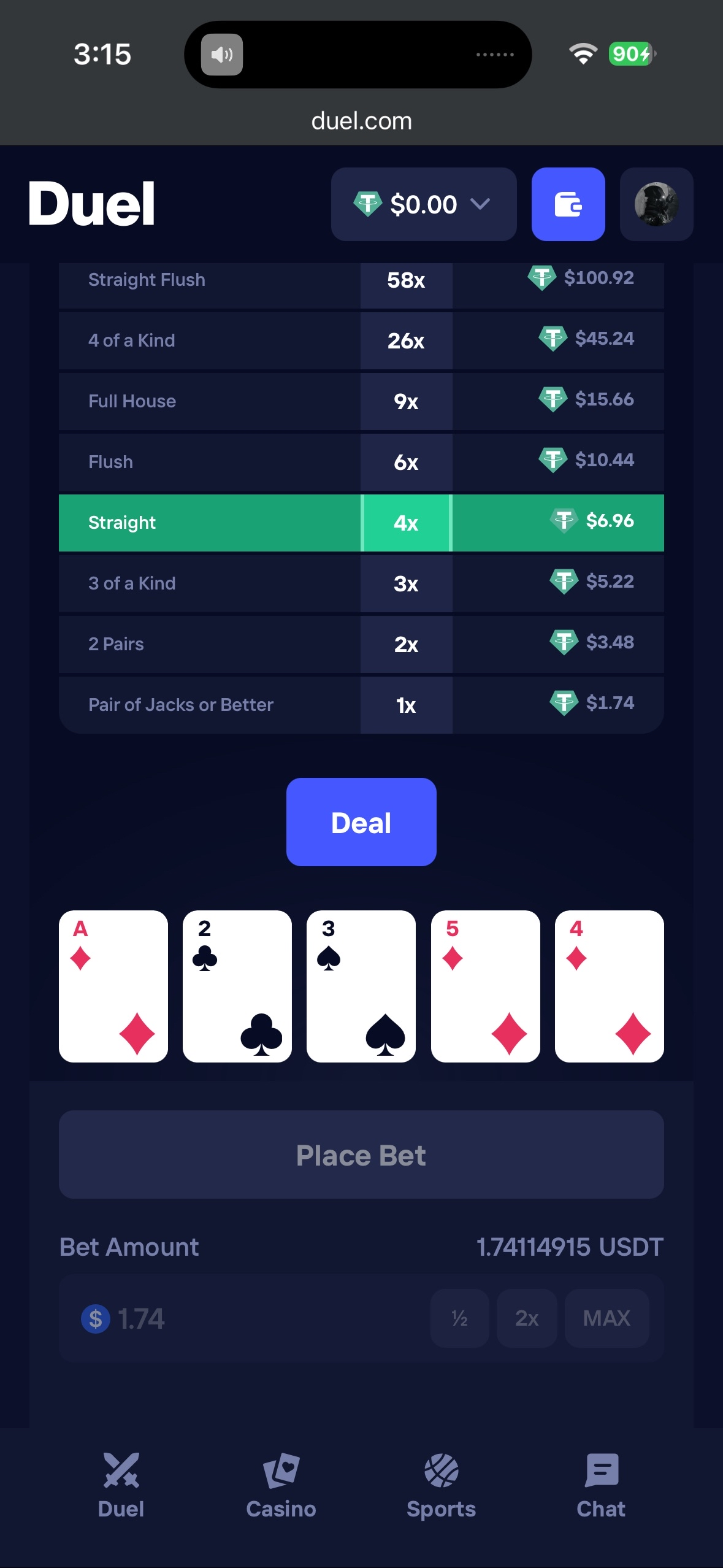 Duel Video Poker game screen on mobile