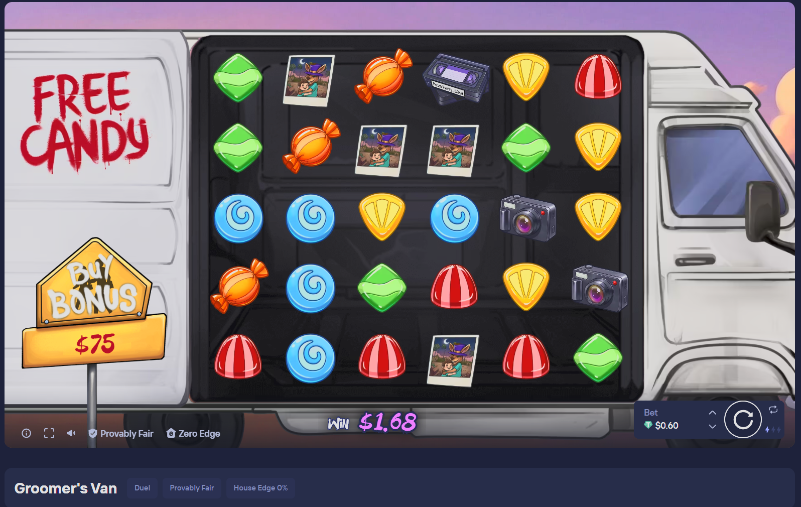 Groomer's Van slot gameplay screen on Duel