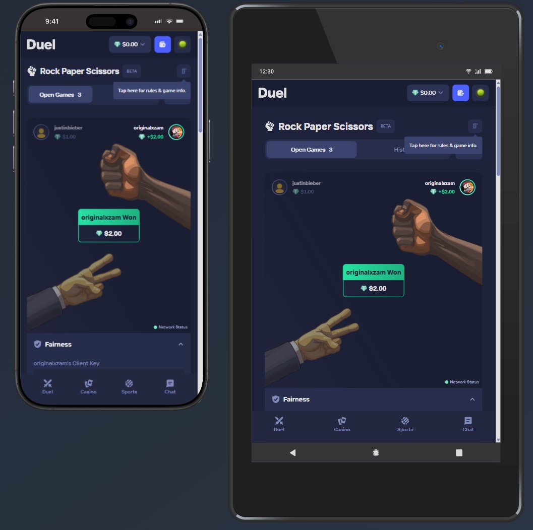 Duel Rock Paper Scissors mobile interface with three large hand buttons and countdown ring