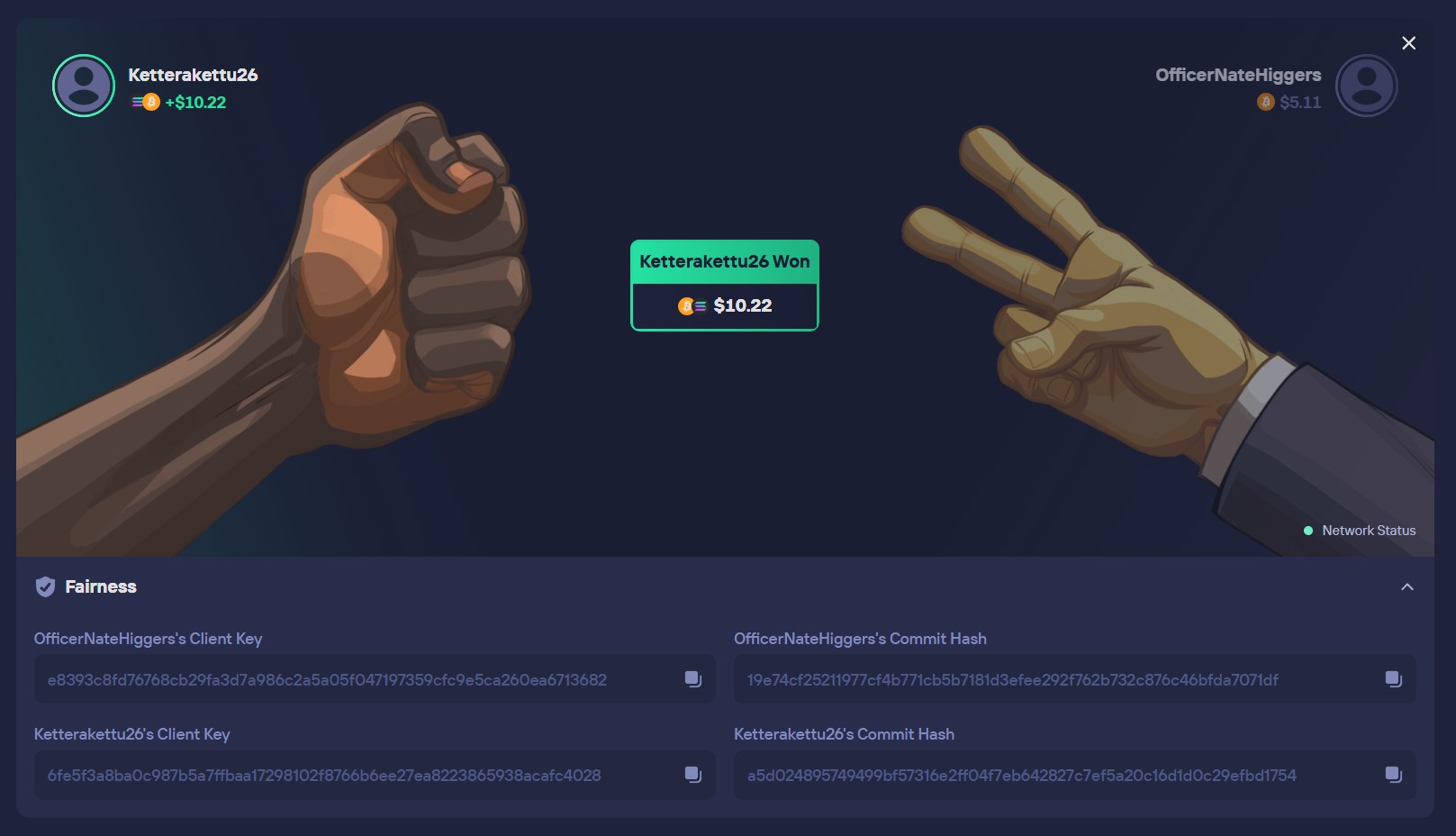 Provably Fair commit-reveal panel showing creator and challenger SHA256 commit hashes and client keys