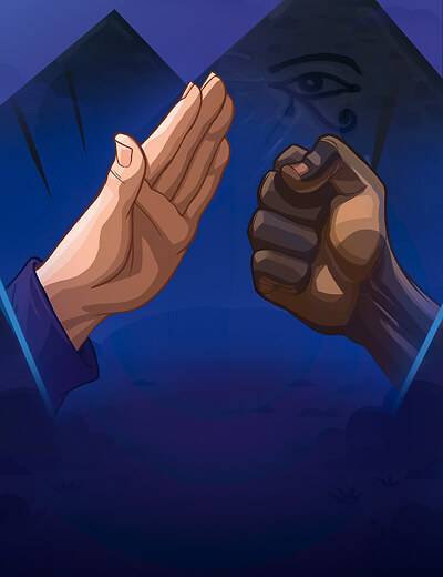 Duel Rock Paper Scissors PvP 1v1 match hero showing creator vs challenger with bet amount and round counter
