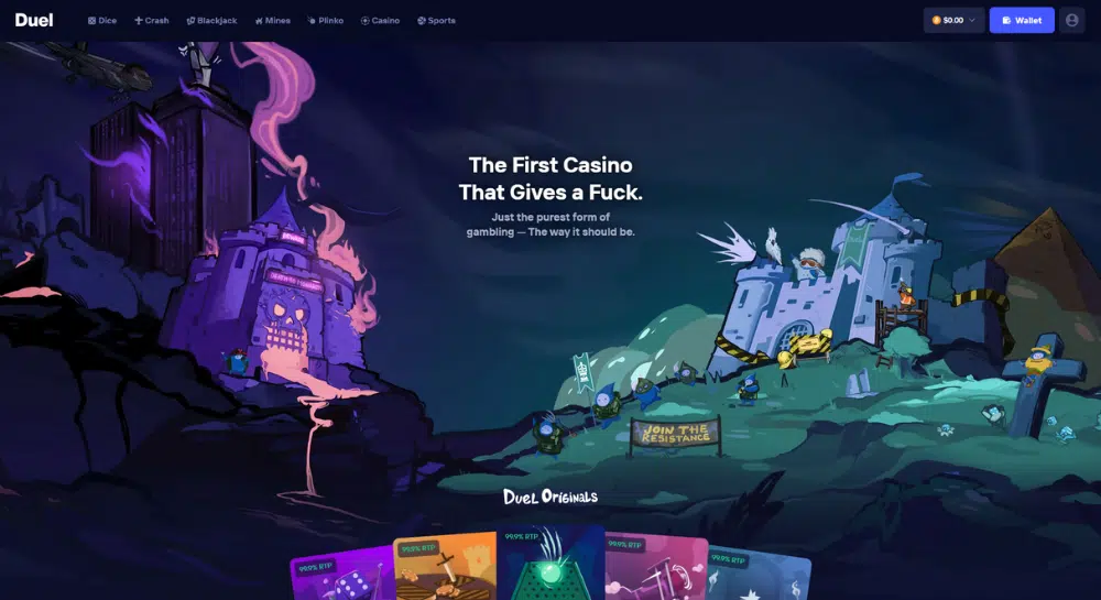 Duel Casino homepage screenshot and casino overview 2026