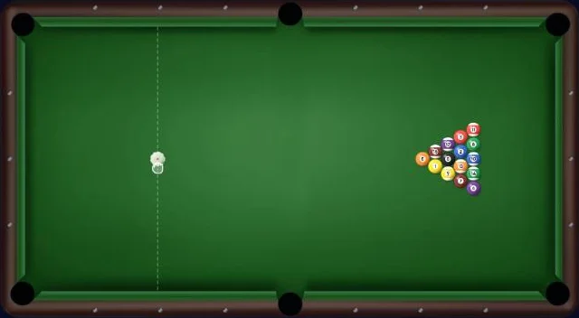 8 Ball demo on Duel Arena: a full pool table with the rack racked and the cue ball behind the break line