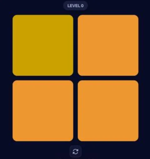 Color Find practice on Duel Arena: level 0 with a 2×2 board of orange tiles where one is a slightly different shade, and a Shuffle button below