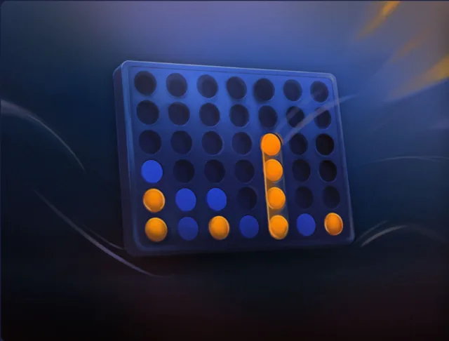 Connect cover art from Duel Arena: a Connect 4 style board with orange and blue pieces