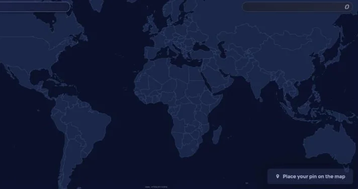 EthnoGuessr demo on Duel Arena: a dark world map with country borders and a Place your pin on the map button