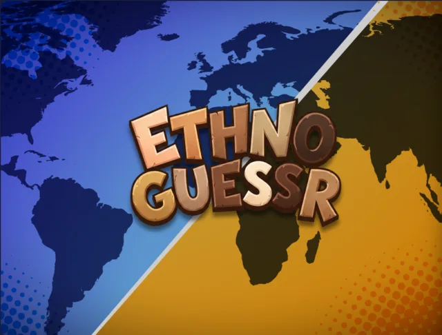 EthnoGuessr cover art from Duel Arena: the game logo over a split blue and orange world map