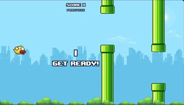 Flappy Bird practice on Duel Arena: score 0, the word PRACTICE and a GET READY message over a pixel-art sky with green pipes