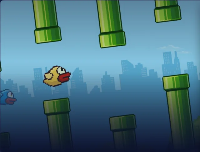 Flappy Bird cover art from Duel Arena: a pixel-art yellow bird flying between green pipes over a city skyline