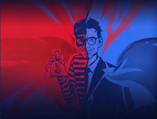 LinkedIn or Interpol cover art from Duel Arena: an illustrated face split between a masked thief in red and a businessman in blue