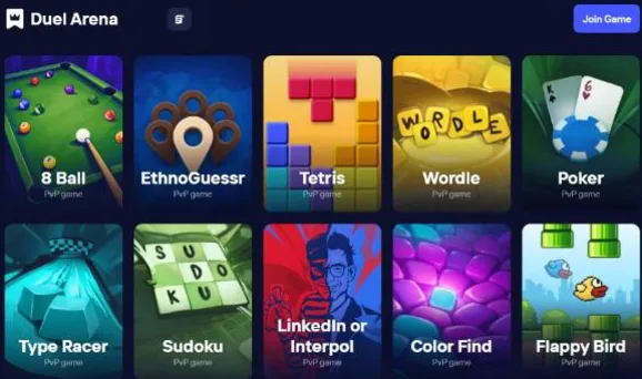 The Duel Arena home screen showing game tiles for 8 Ball, EthnoGuessr, Tetris, Wordle, Poker, Type Racer, Sudoku, LinkedIn or Interpol, Color Find and Flappy Bird