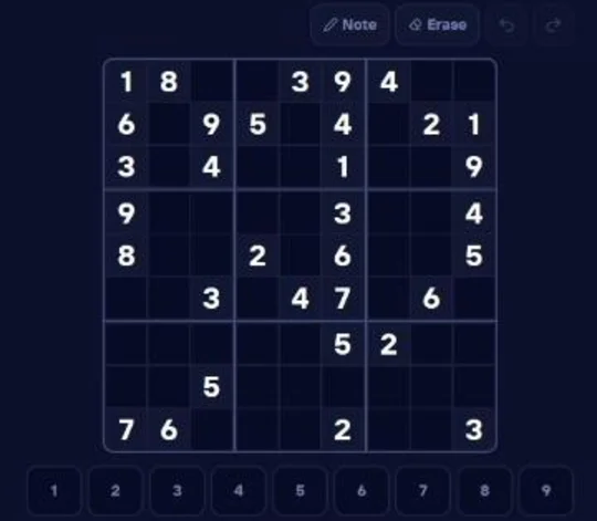 Sudoku demo on Duel Arena: a 9×9 grid with some digits filled in, Note and Erase buttons above and a 1 to 9 number pad below