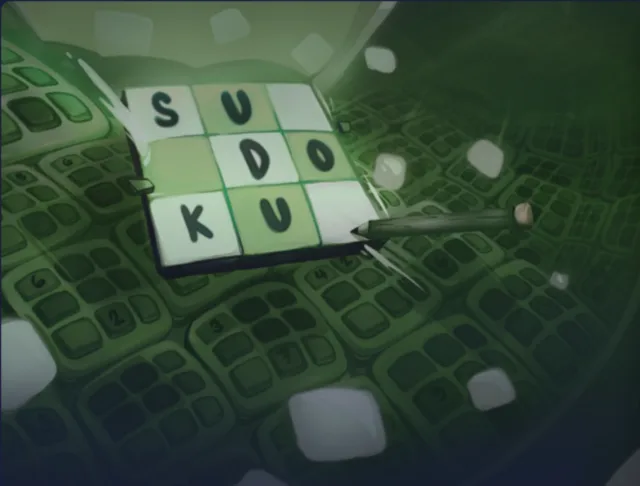 Sudoku cover art from Duel Arena: a 3×3 grid of letter tiles spelling SUDOKU with a pencil