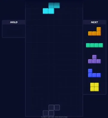Tetris demo on Duel Arena: an empty board with a Hold box on the left and a Next queue of five pieces on the right
